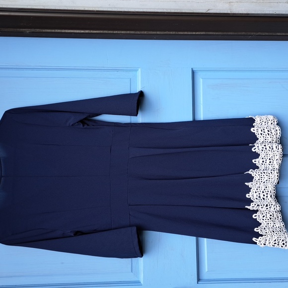 Adorable Navy Dress w/ White Embroidered Style Lace - Picture 4 of 6